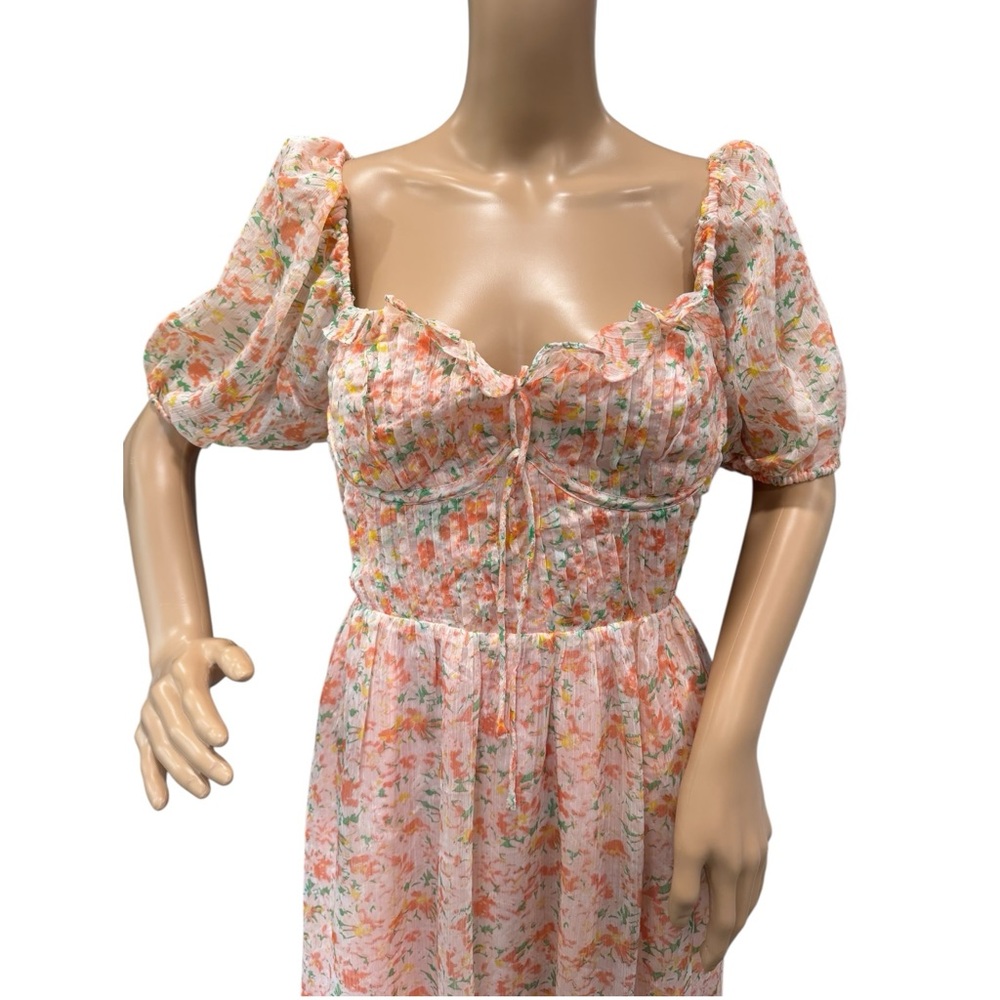 ASTR The Label Lunaria Pleated Midi Dress Orange Green Floral Chiffon Size M - Picture 7 of 15